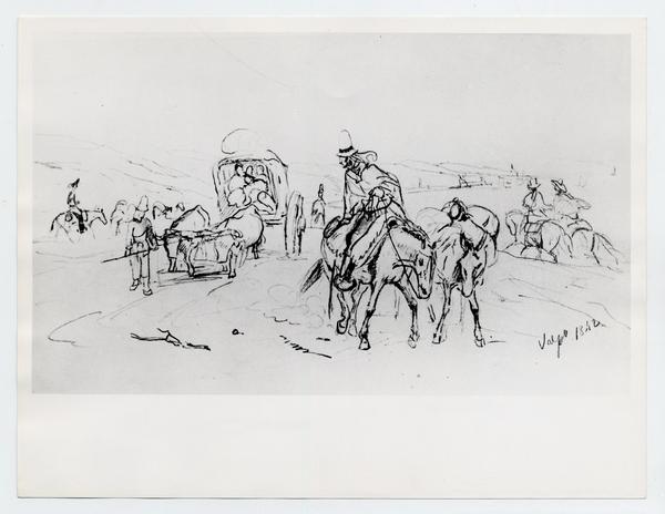 [Carretas y hombres montando a caballo, dibujo]