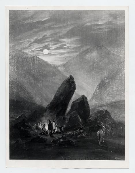 [Dibujo de unas rocas en la cordillera de Mendoza, con unos arrieros en una fogata, titulada "Punta de las vacas"]