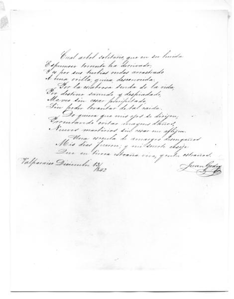 [Poema manuscrito, firmado por de Juan Godoy, fechado en Valparaíso el 13 de diciembre 1842]