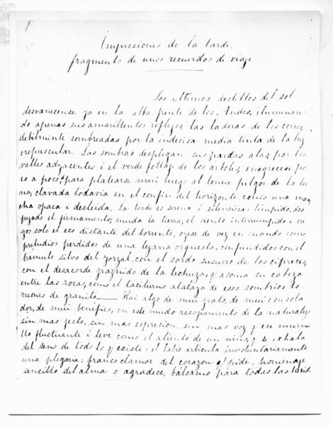 [Manuscrito : página n.13, titulado "Impresiones de la tarde : fragmento de unos recuerdos de viaje" de Blest Gana. Octubre 1890"]