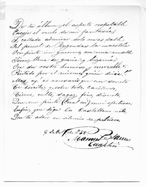 Escrito de Manuel Blanco Cuartín: "De tu álbum el aspecto respetable encoge el vuelo de mi fantasía ... 4 de octubre de 1850. Manuel Blanco Cuartín"