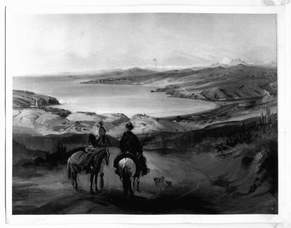 [Vista de la bahía de Valparaíso, desde un camino de tierra hacia la costa, con hombre a caballo, en el siglo 19]