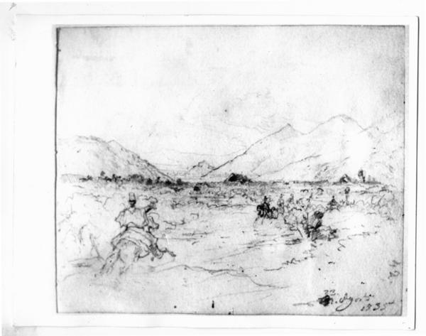 [Dibujo de unos arrieros, de fondo la cordillera, fechada el 3 Agosto 1835]