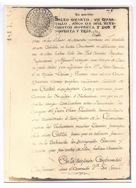 [Manuscrito titulado "Sello cuarto, un cuartillo, años de mil setecientos noventa y dos y noventa y tres"]