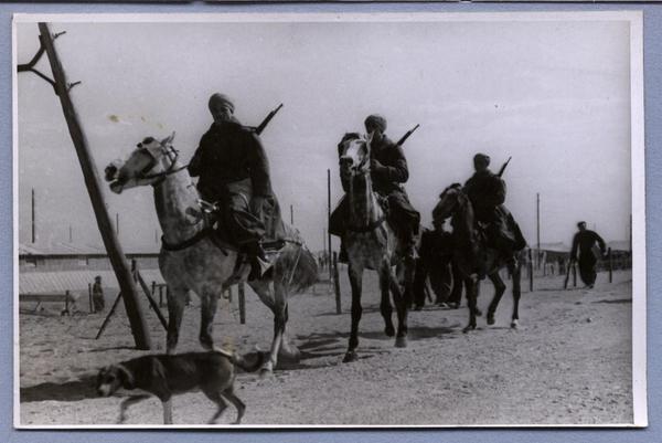 [Grupo de guardias a caballo, vigilando en campo de refugiados españoles de Barcarés, Francia]