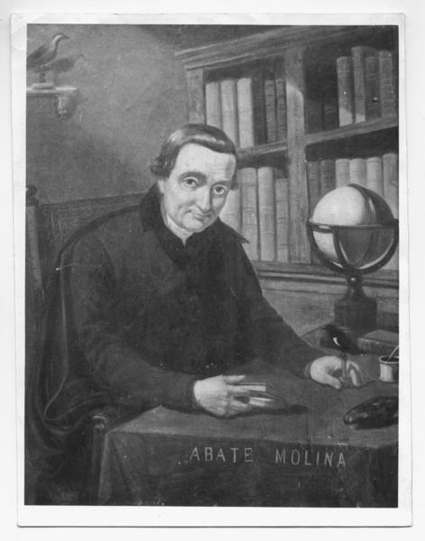 [Abate Juan Ignacio Molina, retrato de medio cuerpo, sentado junto a una mesa, sobre ella un globo terráqueo]