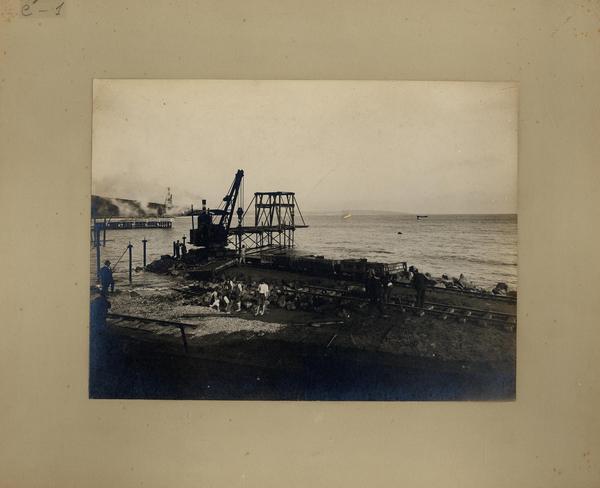 [Muelle de faena, se divisa una grua, rieles de ferrocarriles y algunas personas]