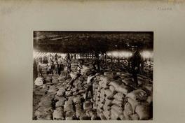 [Obreros almacenando sacos de salitre en una bodega]