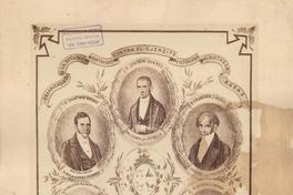 [Retratos de los] Organizadores de la defensa de Montevideo contra el ejército victorioso del dictador Rosas, 3 de febrero de 1843: [Joaquín Suárez, Presidente de la República; Santiago Vásquez, Ministro de Relaciones Exteriores; Francisco Muñoz, Ministro de Hacienda; Melchor Pacheco, Ministro de Guerra y Marina; José M. Paz; General en Jefe del Ejército; Andrés Lamas, Jefe Político de Policía]