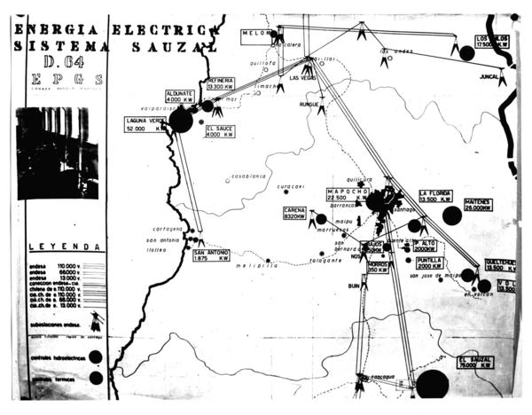 [Plano que muestra la ubicación geográfica de distintas centrales eléctricas] Energía eléctrica sistema Sauzal