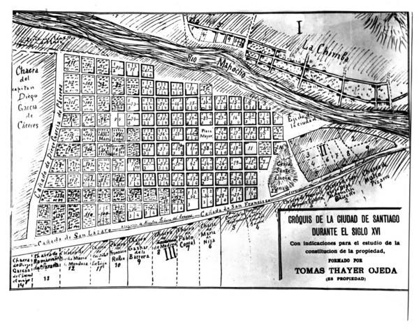 Croquis de la ciudad de Santiago durante el S. XVI, con indicaciones para el estudio de la constitución de la propiedad formado por Tomás Thayer Ojeda (es propiedad)