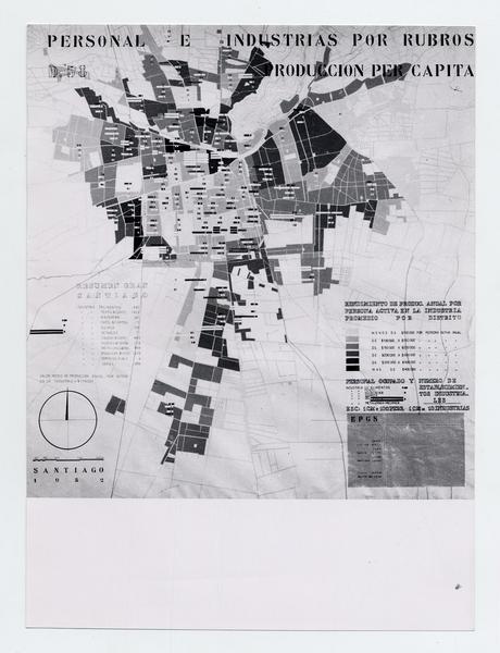 [Croquis de un Plano de catastro industrial]: Personal e industrias por rubros, Producción Per Cápita: Rendimiento de Produc. Anual por Persona Activa en la Industria Promedio por Distrito; Resumen del Gran Santiago, Personal Ocupado y Número de Establecimientos Industriales, Santiago 1952