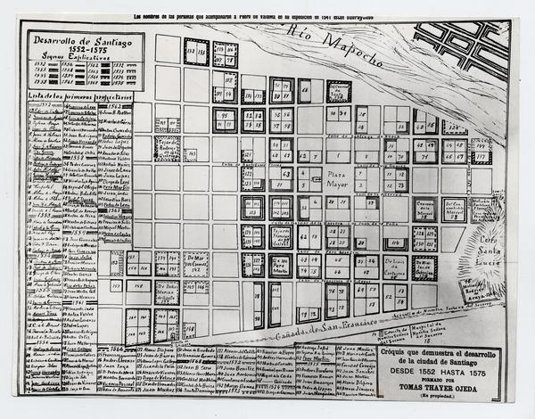 Croquis que demuestra el desarrollo de la Ciudad de Santiago de 1552 hasta 1575, formado por Tomás Thayer Ojeda (es propiedad)