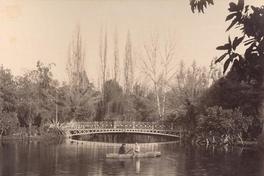 [Laguna : con bote y dos personas; y con un puente de fondo en un bosque]