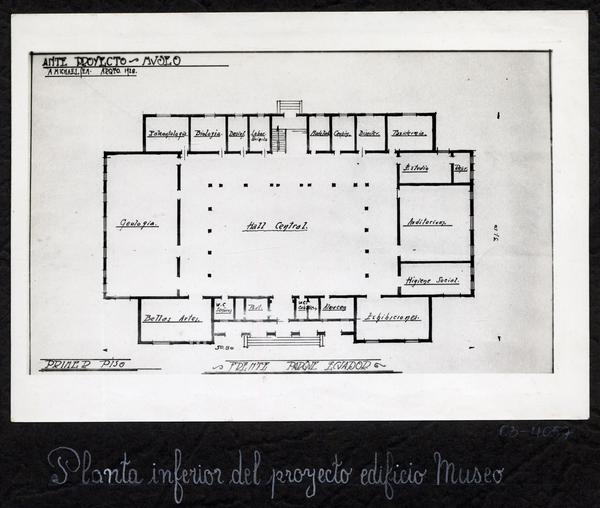 [Album Museo de Historia Natural de Concepción]: Ante-Proyecto Museo, Primer Piso, frente Parque Ecuador [Autor: Arquitecto A[rnoldo] Michaelsen]