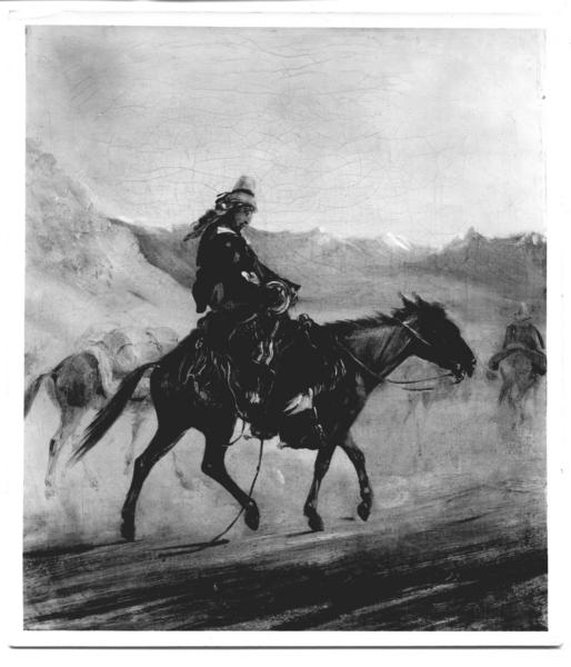 [Arriero o campesino cabalgando a caballo, dibujo]