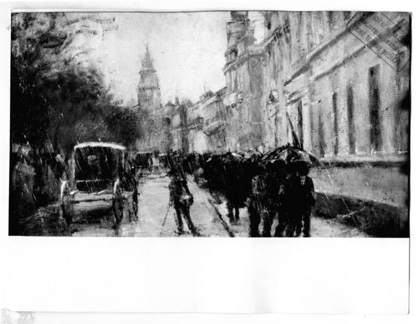 [Calle Alameda, en un día de lluvia, pintura titulada "Alameda Bernardo O'Higgins"]