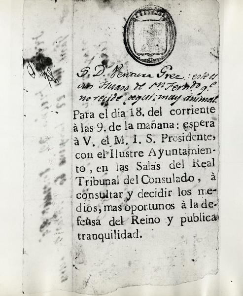 [Reproducción fotográfica de documento antiguo impreso, escrito en español, aviso de una cita del Sr. Presidente del Ilustre Ayuntamiento, por la defensa del Reino]