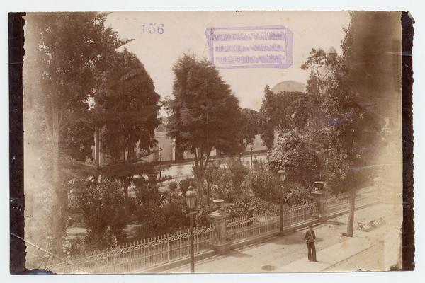 [Vista de una avenida con un parque separado con una reja, se divisa una persona]