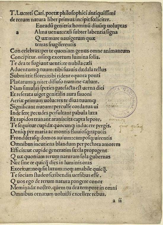 De rerum natura : liber primus incipit fœliciter T. Lucreci Cari. -  Biblioteca Nacional Digital de Chile