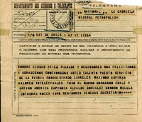 [Telegrama] 1945 nov. 17, Arica, [Chile] [a] Gabriela Mistral, Petrópolis, [Brasil]