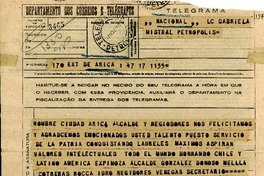 [Telegrama] 1945 nov. 17, Arica, [Chile] [a] Gabriela Mistral, Petrópolis, [Brasil]