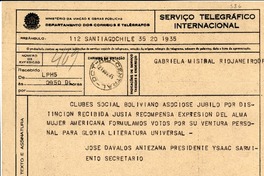[Telegrama] 1935 nov. 21, Santiago [a] Gabriela Mistral, Brasil