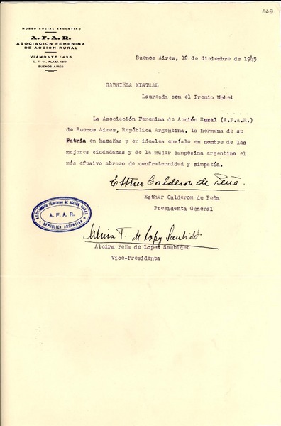 [Carta] 1945 dic. 12, Buenos Aires, Argentina [a] Gabriela Mistral