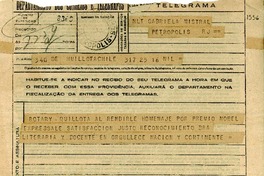 [Telegrama] 1945 nov. 16, Huillota [i. e. Quillota], Chile [a] Gabriela Mistral, Petrópolis, [Brasil]