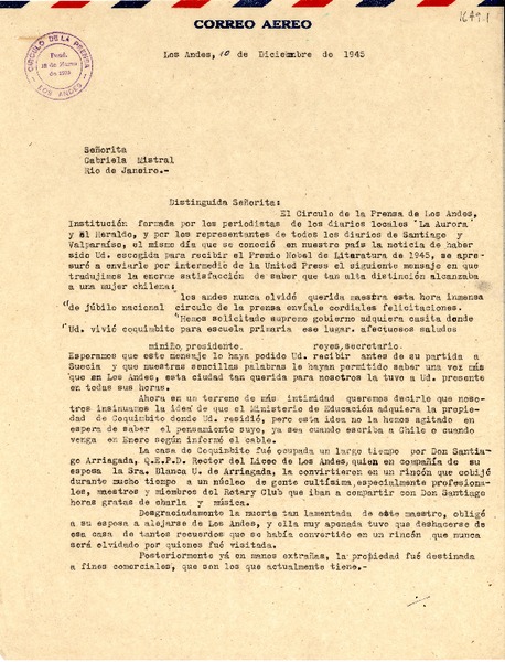 [Carta] 1945 dic. 10, Los Andes [a] Gabriela Mistral, Río de Janeiro