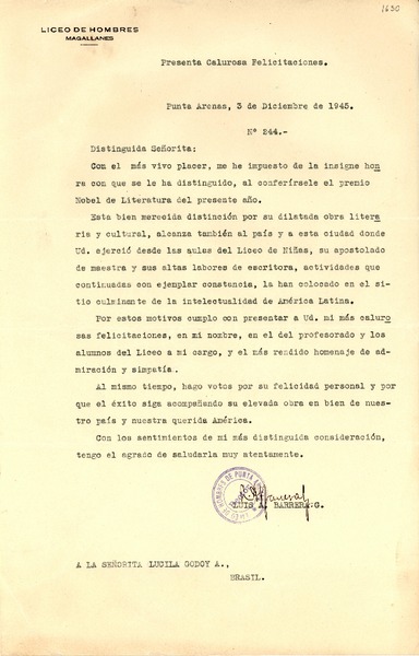 [Carta] 1945 dic. 3, Punta Arenas [a] Lucila Godoy, Brasil