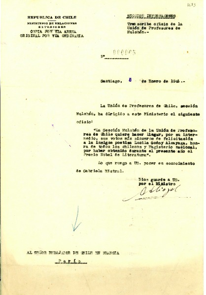 [Carta] 1946 ene. 5, Santiago, Chile [al] Embajador de Chile en Francia, París, Francia