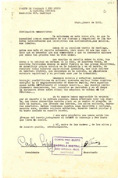 [Carta] 1951 ene, Santiago [a] Gabriela Mistral