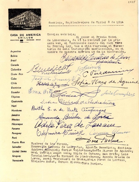 [Carta] 1954 sep. 8, Santiago, Chile [a] Gabriela Mistral