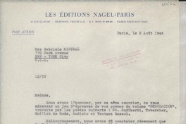 [Carta] 1946 août 5, Paris, [France] [a] Gabriela Mistral, New York, EE.UU.