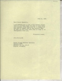 [Carta] 1963 July 3, [EE.UU.] [al] Señor Alvaro Castaño Castillo, Emisora HJCK, Carrera 7a. N°. 17-14, Bogotá, Columbia [i.e. Colombia]