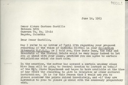 [Carta] 1963 June 14 [a] Sr. Alvaro Cstaño Castillo, Emisora HJCK, Bogotá, Colombia