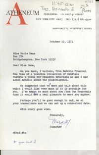 [Carta] 1971 Oct. 19, 122 East 42 street, New York city 10017, [EE.UU.] [a] Miss Doris Dana, Box 784, Bridgehampton, New York 11932, [EE.UU.]