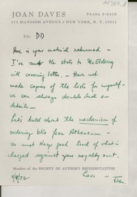 [Carta] 1972 Aug. 9, 515 Madison Avenue, New York, N.Y. 10022, Plaza 9-6250, [EE.UU.] [a] [Doris Dana]