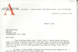 [Carta] 1973 Mar. 8, 122 East 42 street, New York City 10017, [EE.UU.] [a] Miss Doris Dana, Box 784, Hildreth Lane, Bridgehampton, N. Y. 11932, [EE.UU.]