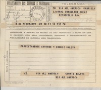 Telegrama 1944 jun. 14, Piedras, Puerto Rico [a] Gabriela Listral [i.e. Mistral], Consulado Chile, Petrópolis, R J, [Brasil]