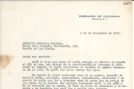 [Carta] 1948 dic. 19, México D. F. [a] Gabriela Mistral, Hotel Ruiz Galindo, Habitación 117, Fortín de las Flores