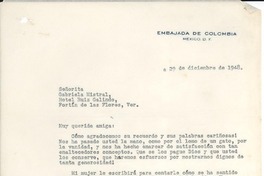 [Carta] 1948 dic. 29, México D. F. [a] Gabriela Mistral, Hotel Ruiz Galindo, Fortín de las Flores