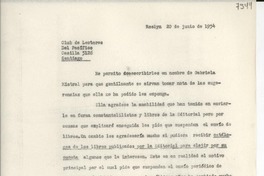 [Carta] 1954 jun. 20, Roslyn, [New York] [al] Club de Lectores del Pacífico, Santiago