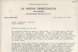 [Carta] 1947 oct. 9, [New York] [a] Gabriela Mistral, Santa Bárbara