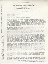 [Carta] 1950 ago. 14, [New York] [a] Gabriela Mistral, Veracruz, México