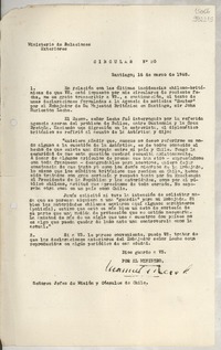 Circular N° 20, 1948 mar. 16, Santiago [a] los señores Jefes de Misión y Consules de Chile