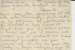 [Carta] 1943 oct. 18, Buenos Aires, [Argentina] [a] Gabriela Mistral, Río [de Janeiro, Brasil]