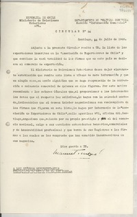 Circular N° 54, 1948 jul. 14, Santiago, [Chile] [a] Los Señores representantes consulares de Chile en el exterior