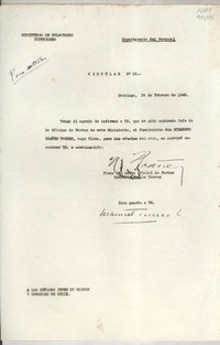 Circular N° 18, 1949 feb. 24, Santiago, [Chile] [a] Los Señores Jefe de Misión y Cónsules de Chile